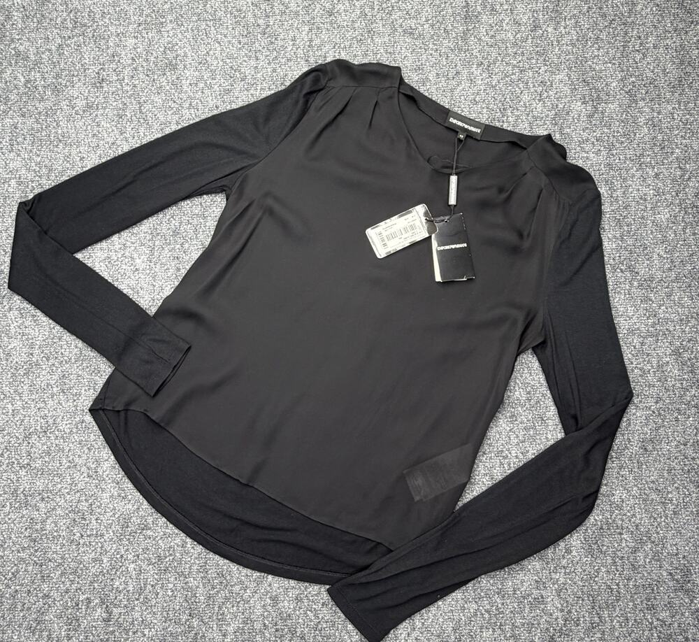 Emporio Armani Womens Top Size 42 Black Silk Sheer Panel Long Sleeve NWT NEW